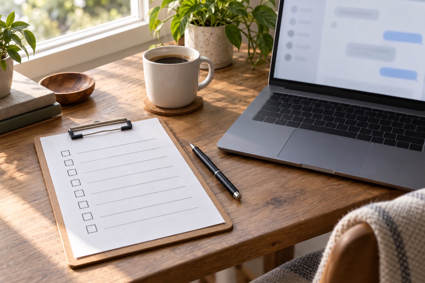 Desk with a paper checklist and a laptop showing a blurred chat window