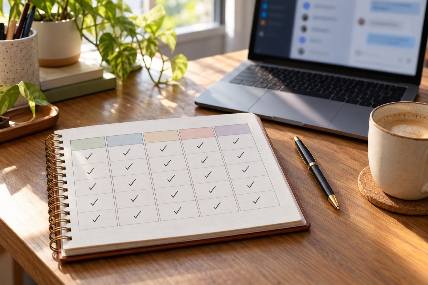 Desk with a weekly planner of check marks beside a laptop showing a blurred chat window