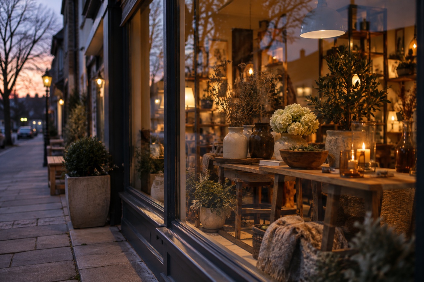 Small local shop window glowing warmly on a quiet street at dusk