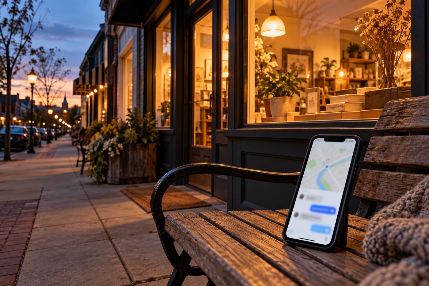 Local storefront at dusk with a phone on a bench showing a blurred chat screen