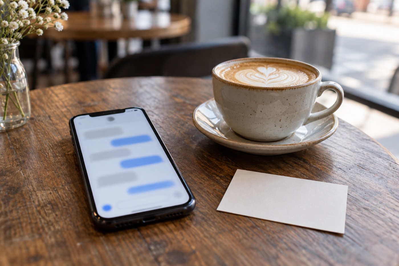 Phone with a chat conversation on a cafe table next to a business card